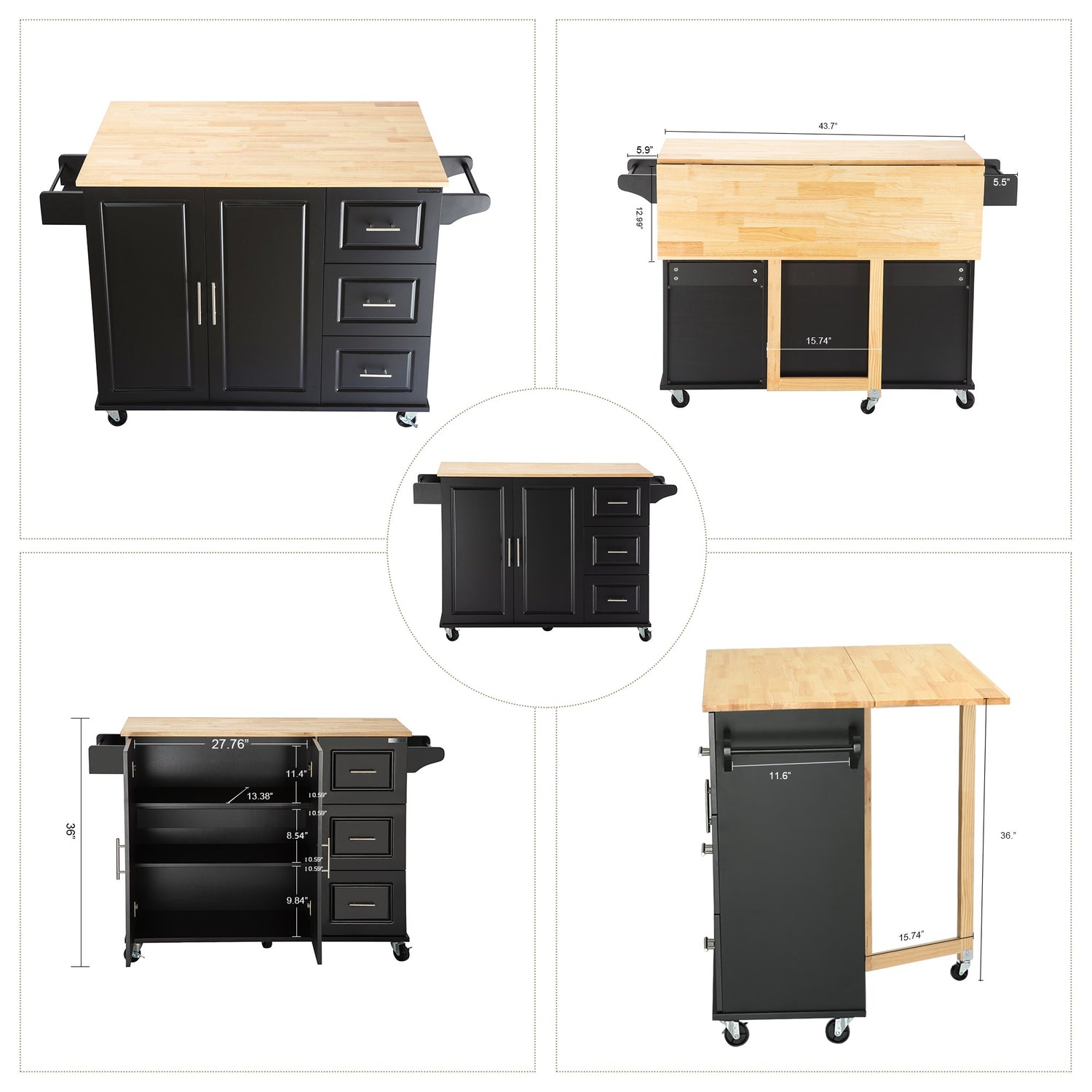 Kitchen Island &amp; Kitchen Cart Mobile Kitehcn Island with Extensible Rubber Wood Table Top