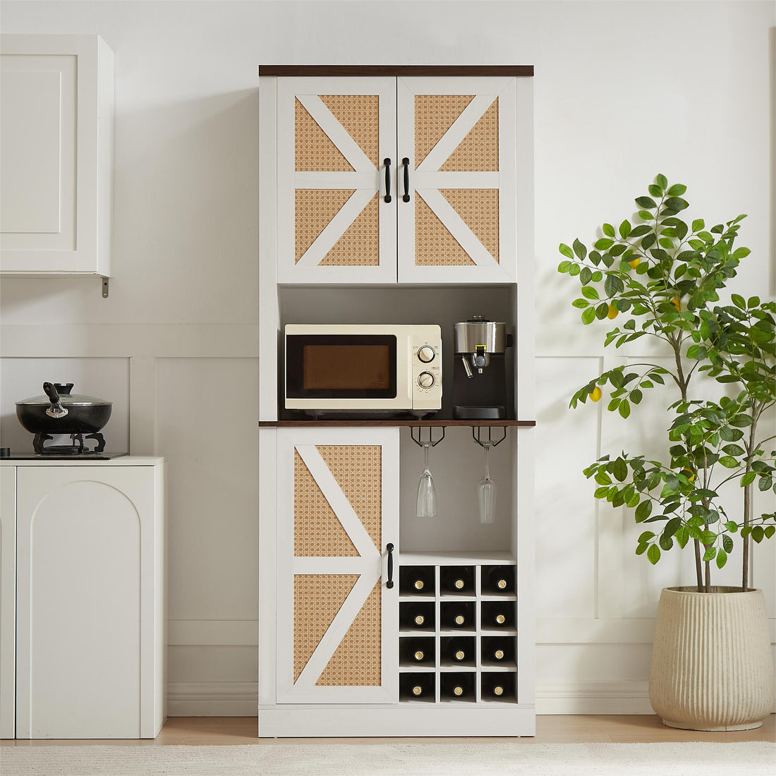 76 Inch Tall Farmhouse Kitchen Faux Rattan Wine Cabinet, Kitchen Bar Cabinet with Square Compartments and Shelves