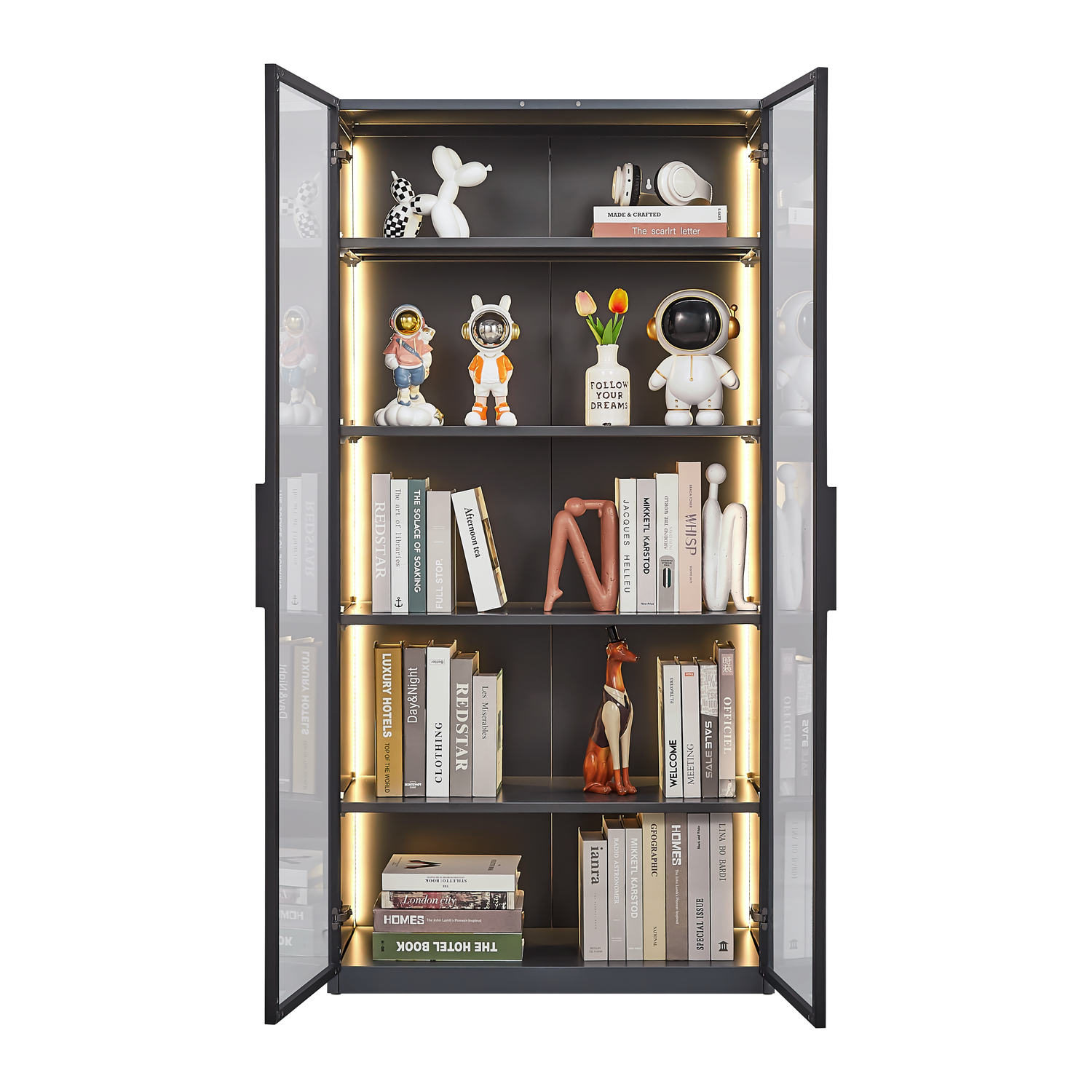 Modern grey display storage cabinet with adjustable shelves, showcasing decor and books in a stylish arrangement.