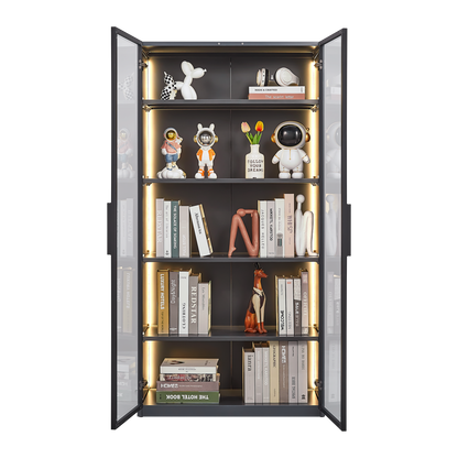 Modern grey display storage cabinet with adjustable shelves, showcasing decor and books in a stylish arrangement.