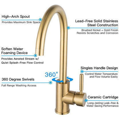 Stainless steel golden kitchen faucet, brushed gold face basin, washbasin, basin, mixed kitchen hot and cold Faucet