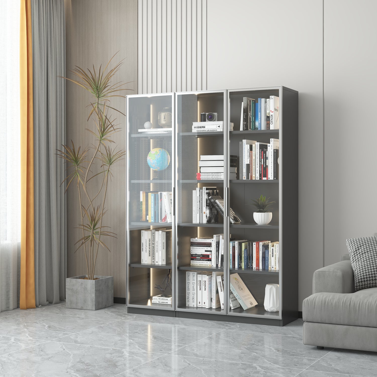 Modern grey display storage cabinet with adjustable shelves, filled with books and decor, in a stylish living space.