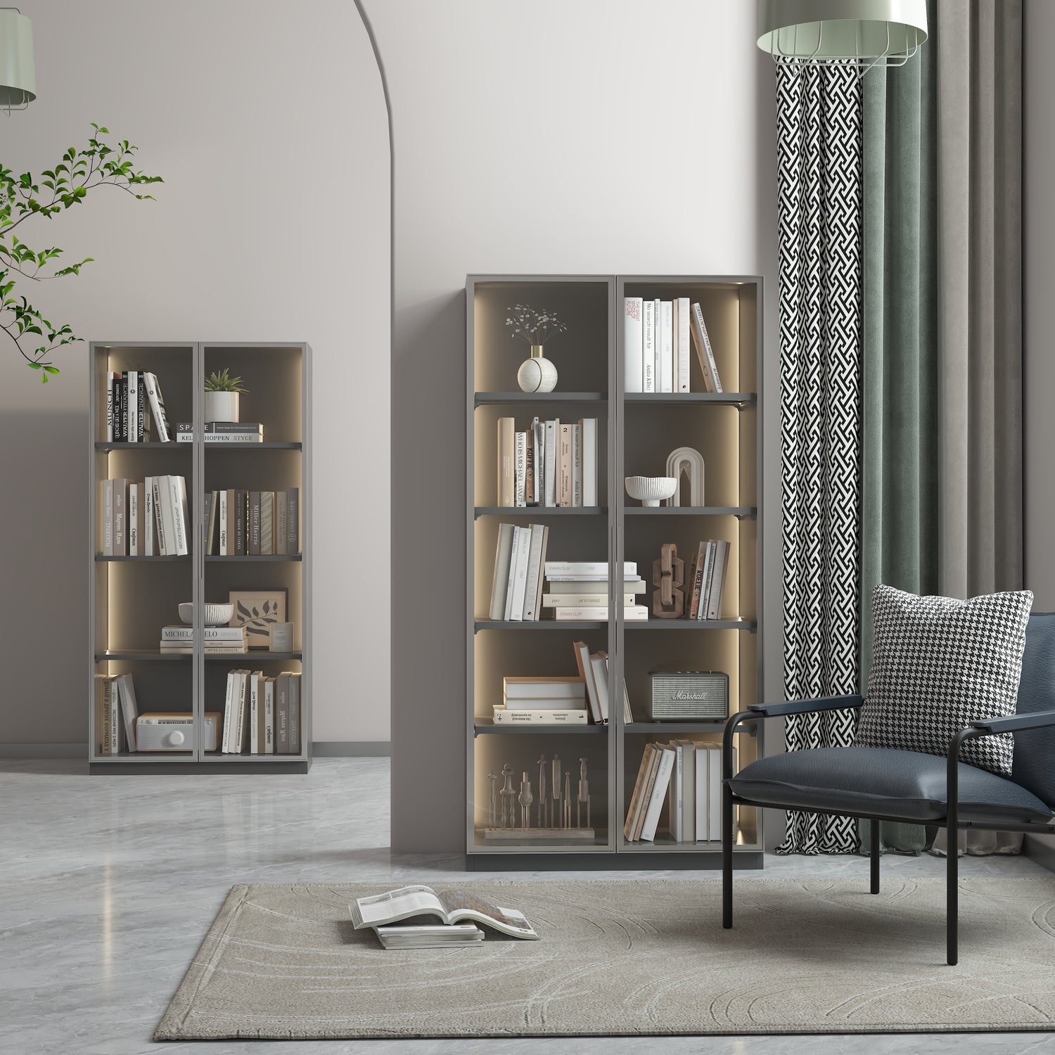 Modern grey display storage cabinet with adjustable shelves in elegant living space, showcasing books and decorative items.