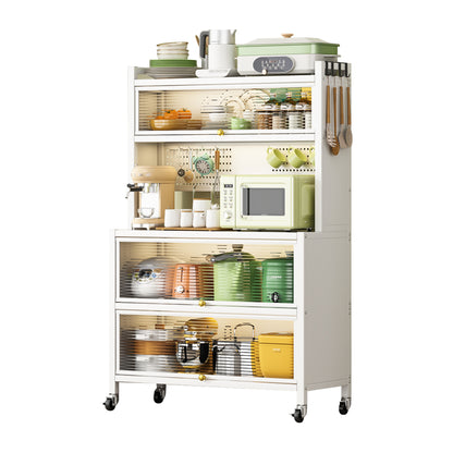 White metal storage shelves with kitchenware, pots, and appliances, featuring double cabinet doors and rolling wheels.