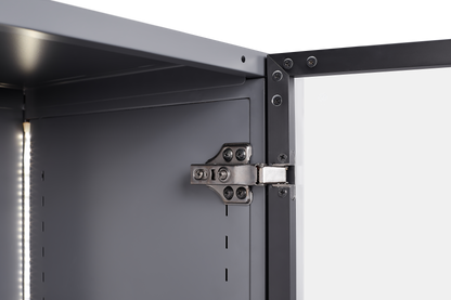 Close-up of metal hinge on a grey display storage cabinet, showcasing durable construction and modern design.