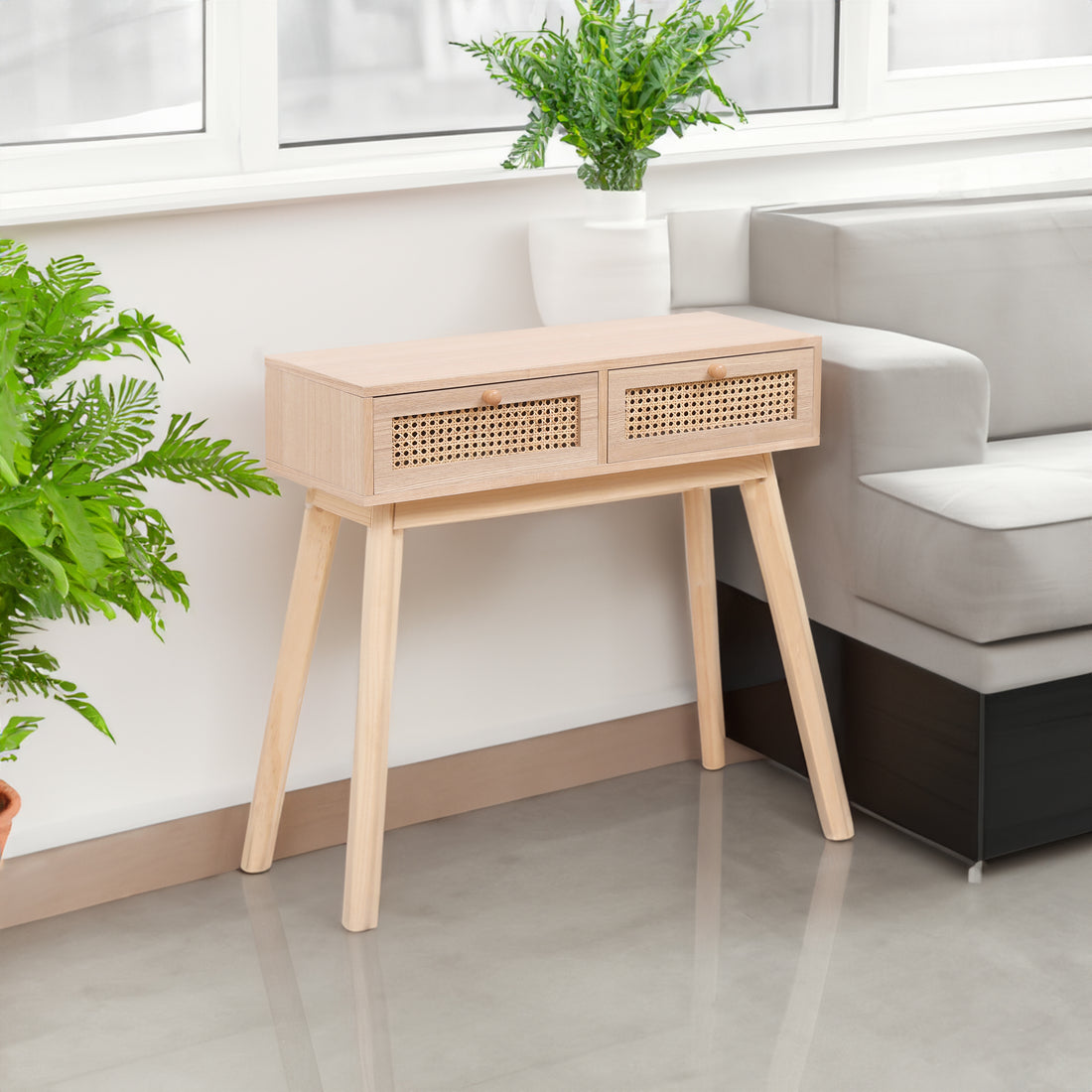 Side table with two real rattan drawers, solid wood table legs can be used in the dining room living room,bedroom