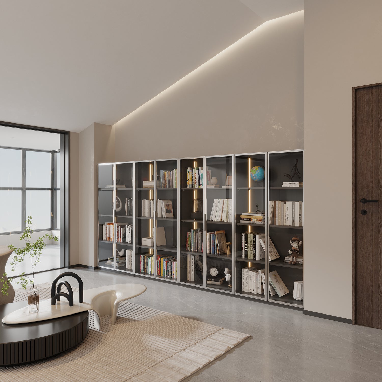 Modern grey display storage cabinet with adjustable shelves in a stylish living space.