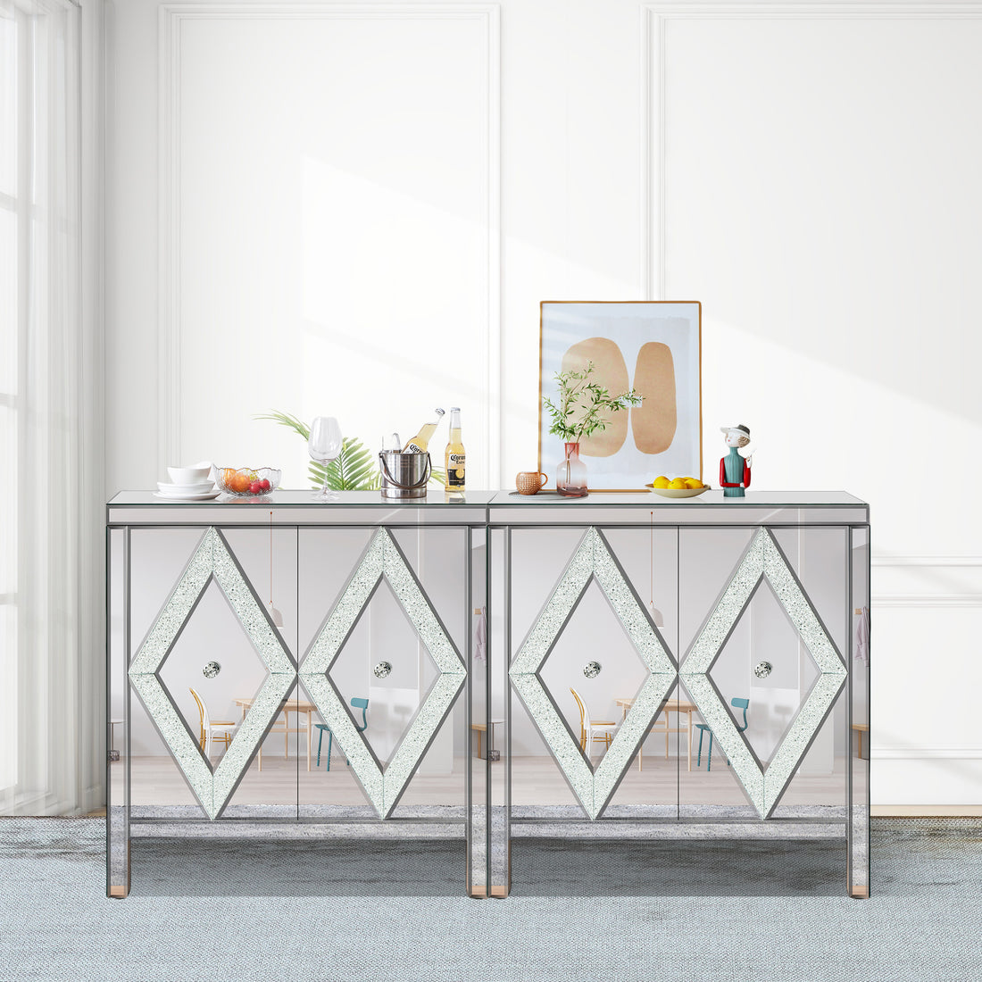 Storage Cabinet With Mirror Trim And Diamond Shape Design Spliced Combination For Living Room, Dining Room, Entryway, Kitchen