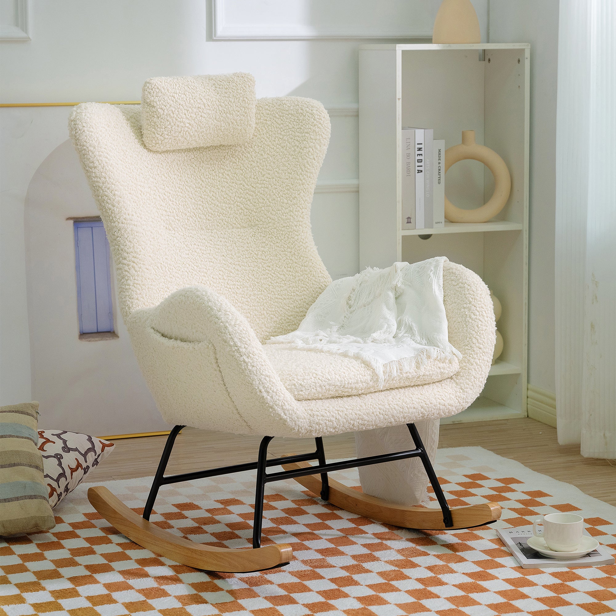 Rocking Chair - with rubber leg and cashmere fabric suitable for living room and bedroom