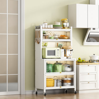 Modern kitchen metal storage shelves with dishes, microwave, and colorful containers, enhancing organization and decor.