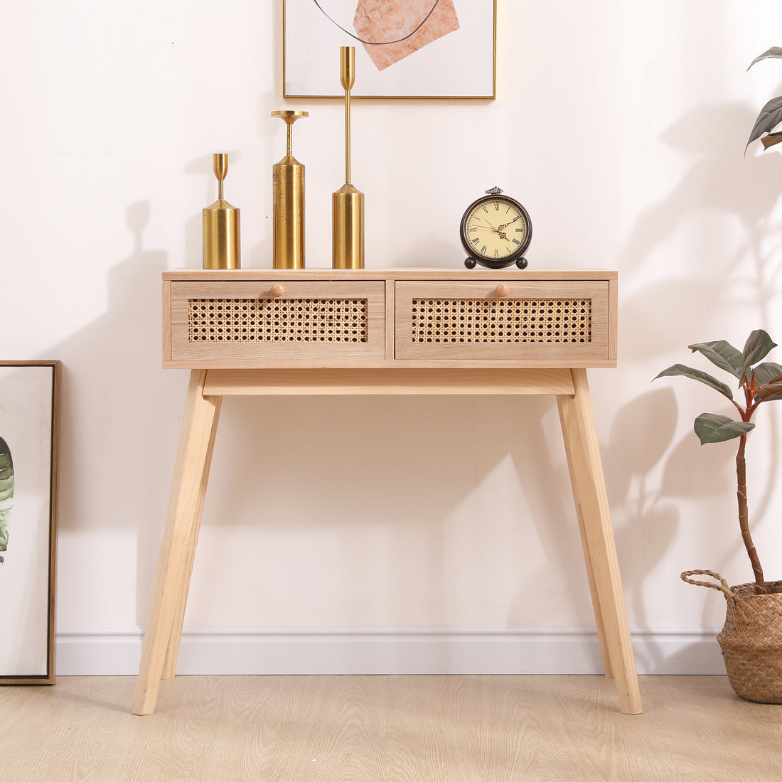 Side table with two real rattan drawers, solid wood table legs can be used in the dining room living room,bedroom