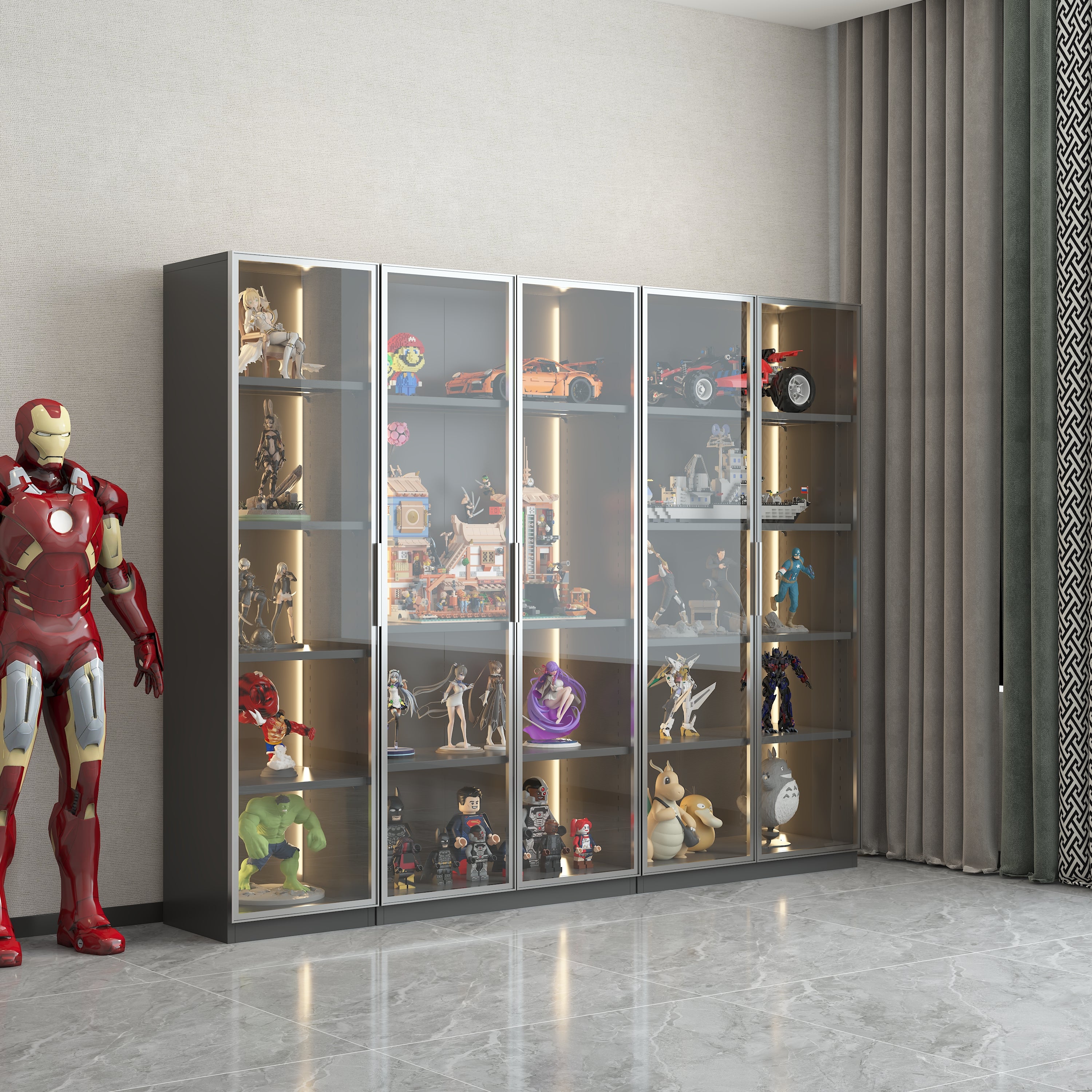 Modern grey display storage cabinet showcasing various collectibles with adjustable shelves and stylish lighting.