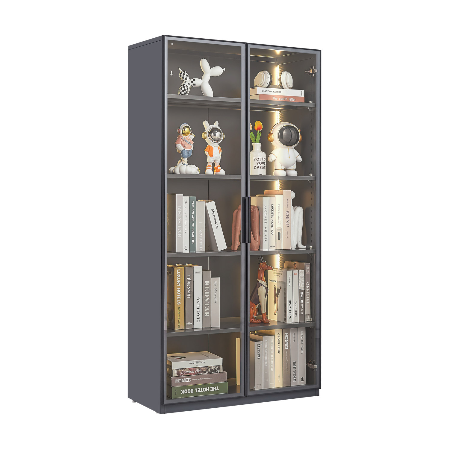 Modern grey display storage cabinet with adjustable shelves, showcasing decorative items and books.