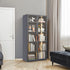 Modern grey display storage cabinet with glass doors showcasing books and decor in a stylish living room setting.