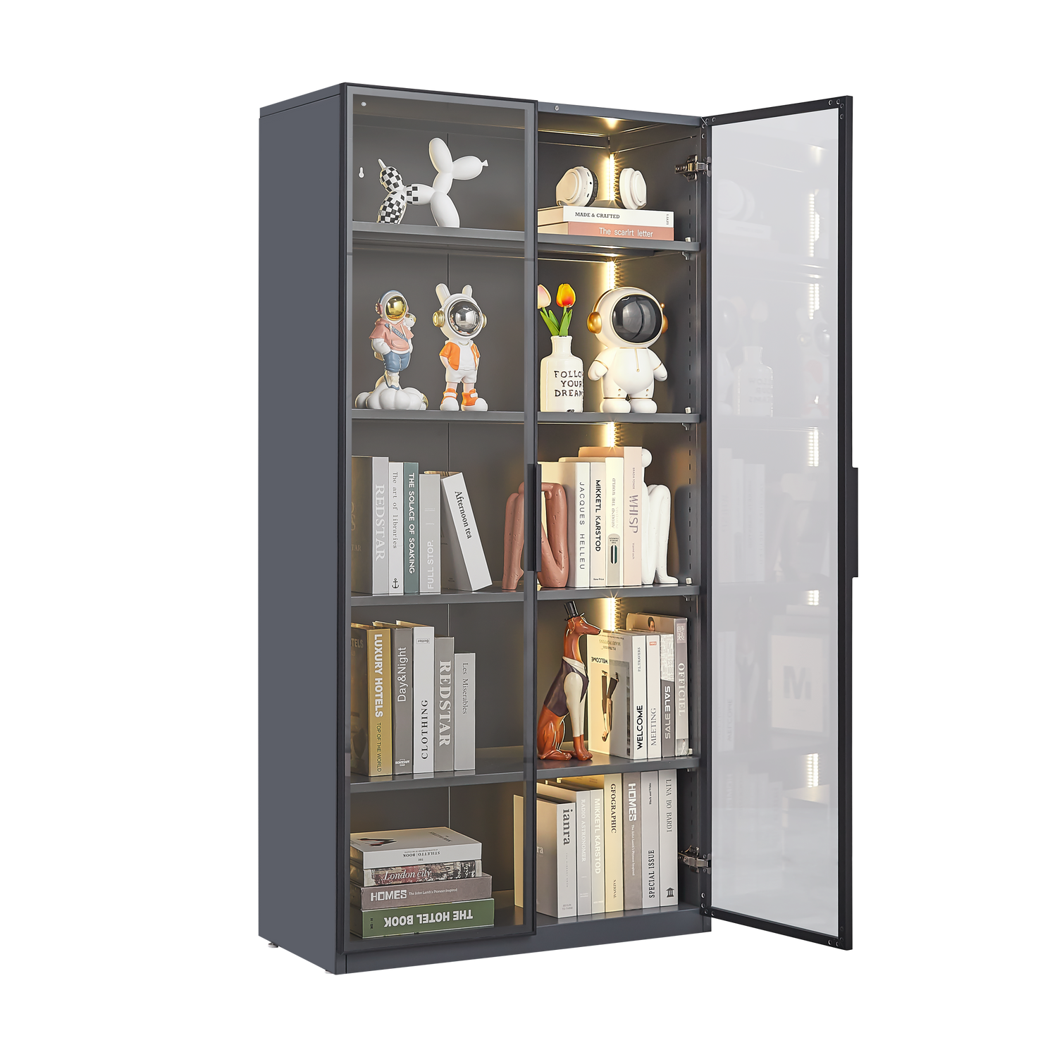 Modern grey display storage cabinet with adjustable shelves, showcasing decor and books in a stylish living space.