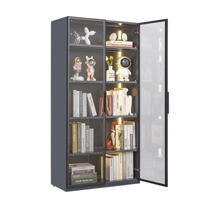 Modern grey display storage cabinet with adjustable shelves, showcasing decor and books in a stylish living space.