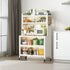 White metal storage shelves with kitchen items, microwave, and decor, designed for efficient vertical storage.