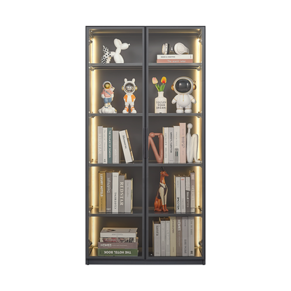 Modern grey display storage cabinet with adjustable shelves showcasing decorative items and books, illuminated with LED lights.