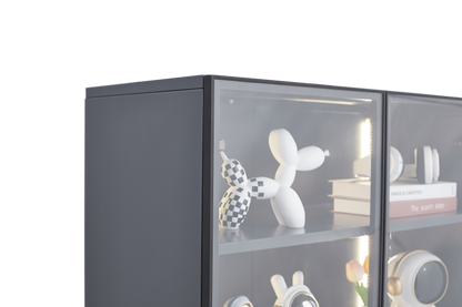 Modern grey display storage cabinet showcasing decorative items and books with adjustable shelves.