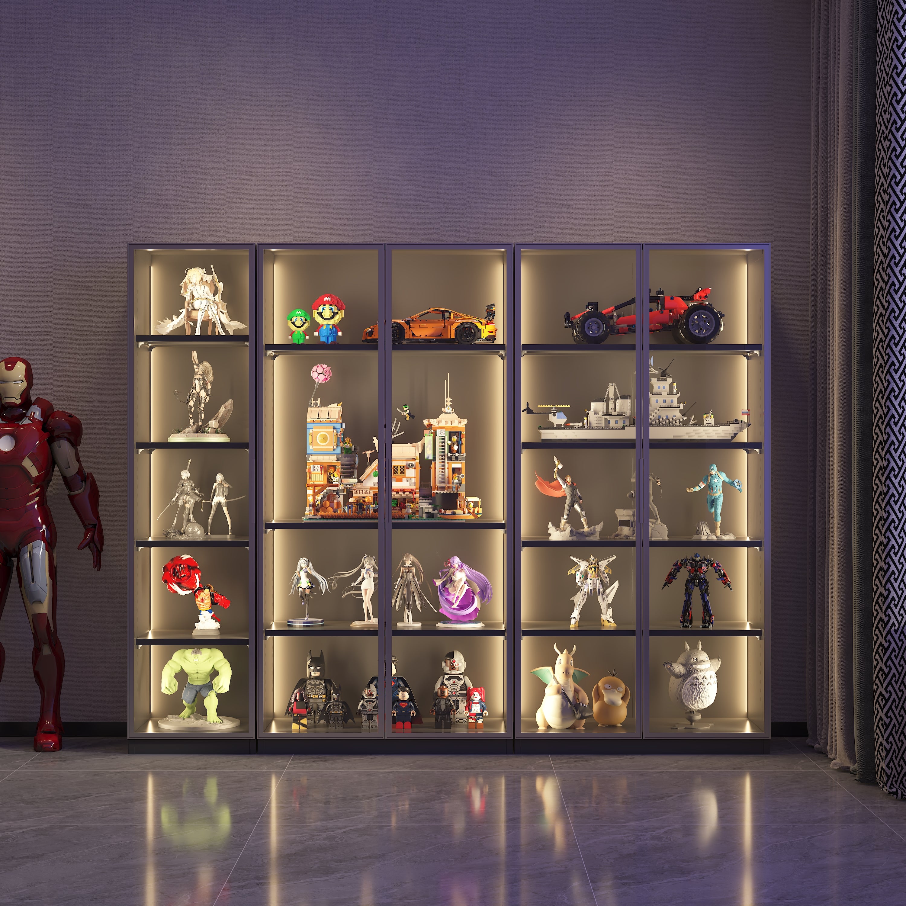 Modern grey display storage cabinet with illuminated shelves showcasing collectibles and figures in a stylish living room.